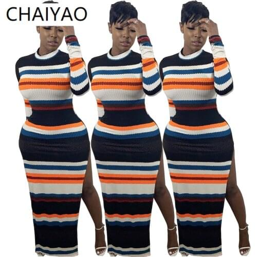 10YT3288 2021 Autumn Casual Striped Contrast Color Womens Long Sleeve Dress Women Sexy Bodycon Outfits Split Skirt Maxi Dress