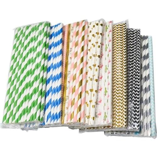 25Pcs/Lot Disposable Paper Straws Foil Stripe Creative Mixed Drinking Party Decorations Kids Baby Shower Wedding Party Supplies
