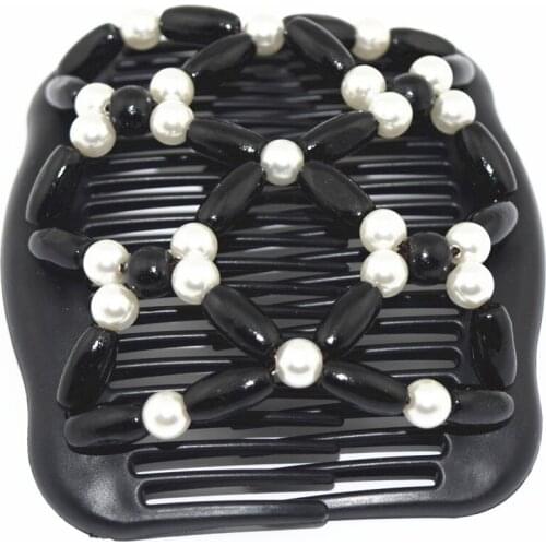 60 PCS/LOT Black and pearl hot sale elastic beaded double twin headwear magic hair comb clips for woman fashion 60pcs/lot
