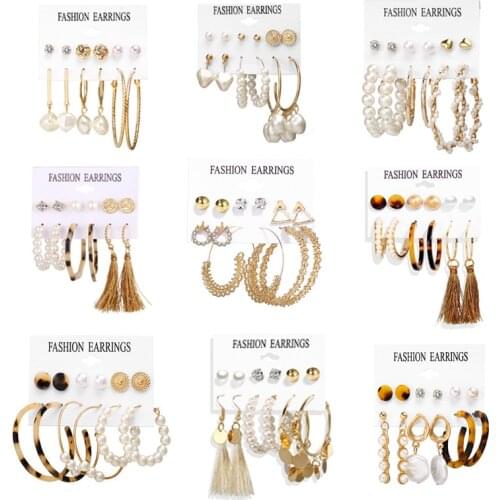 Acrylic Temperament Fashion Exaggerated Tassel Pearl Anti Allergy Circle Earrings for women Set Earrings
