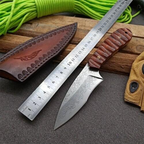 Free shipping top grade Handmade Damascus steel Hunting Knife Camping Survival Knife Fixed Blade Tactical Knife wood handle