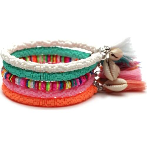 Bohemian Multicolor Polymer Clay Heishi Beads Cowrie Seashell Pendant Cotton Tassels Stretch Bracelet Women Girl Surf Jewelry