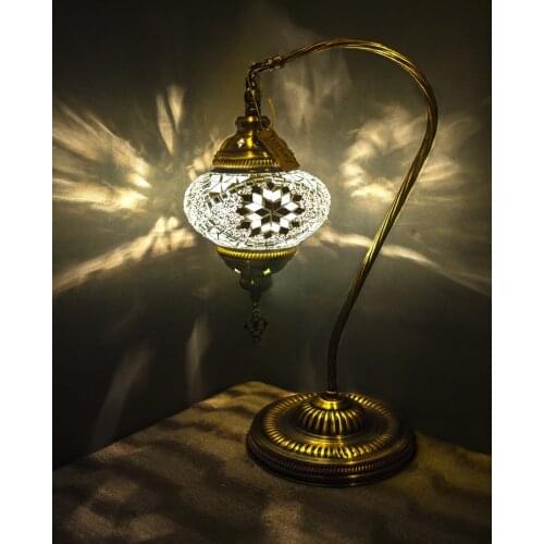 Handmade Turkish Moroccan Mosaic Authentic Vintage Art Deco Table Bedside Lamp, White Colors, 6 Patterns