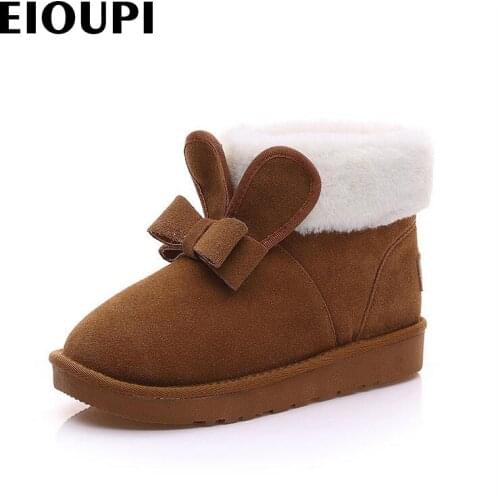 EIOUPI warm winter snow boots real cow leather women casual fashion thread sewing ankle butterfly knot flat boot ohz8033
