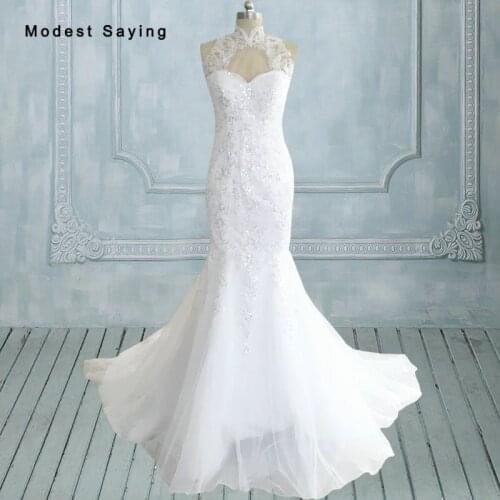 Elegant High Neck Mermaid Beaded Lace Wedding Dresses 2017 Brazil Retail vestido de noiva china Formal Women Bridal Gowns CW22