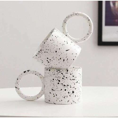 Ins retro cup simple art splash ink ceramic water cup big ear mug American big ring handle coffee cup oval ring handle milk cup
