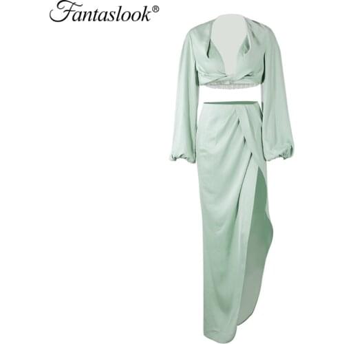 Two Piece Set Sexy Long Sleeved Cropped Tops Outfits Women Solid Satin Split Dresses Suit Summer Beach Holiday Casual Sets