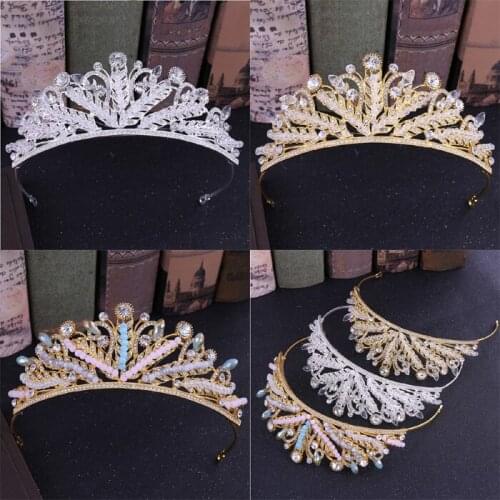 Girls Crystal Pink Blue Beads Bridal Crown Woman Tiaras Hair Jewelry Ornaments Hairwear Bride Headbands Wedding Hair Accessories