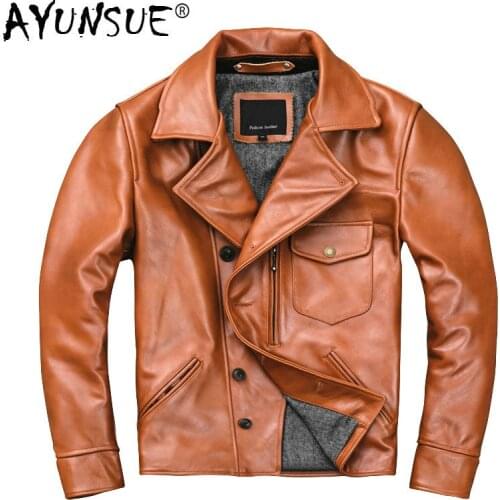 AYUNSUE Mens Genuine Leather Jacket Cowhide Leather Coat Spring Autumn Motorcycle Jacket Men Slim Cow Biker Jackets KJ2911