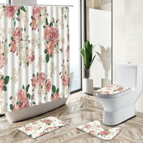 Small Floral Green Leaf Shower Curtain Rose Flower Plant European Pastoral Style Bath Non-Slip Carpet Toilet Cover Floor Mat Set