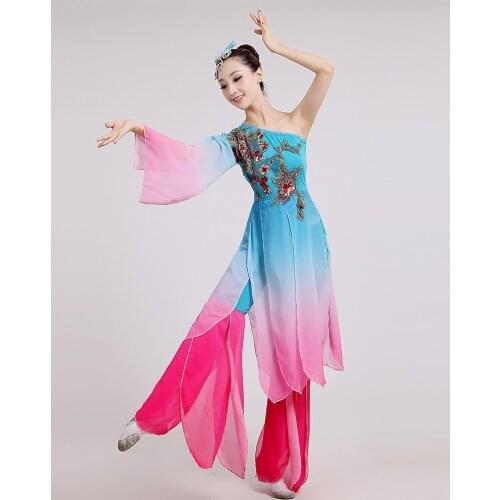 New women Embroidery long sleeves classical dance costumes Lotus water sleeves ink flower fairy Chinese folk dance clothing