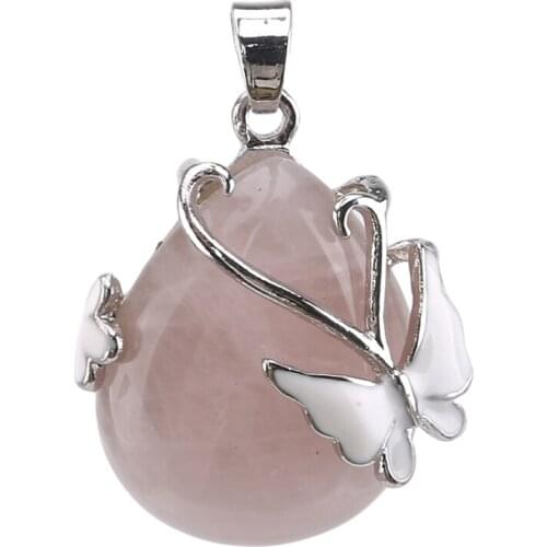 New Natural Stone Amethysts Rose Pink Quartz Opal Water Drop Beads Enamel Butterfly Inlay Pendant For Women Necklaces Jewelry