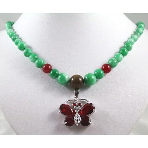 Green pearl necklace+red zircon butterfly pendant