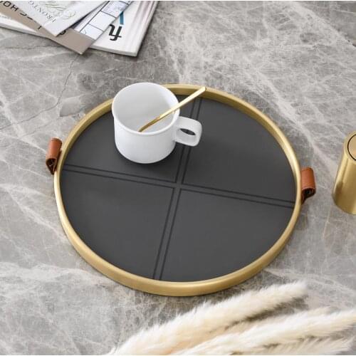 Luxtry Brass Edging With Black Leather Round Tray Decoration Home Kitchen Church Wedding Dining Table Tea Set Fruit Storage Tray