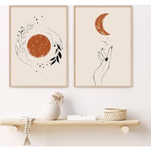 Vintage Abstract Boho Decor Poster Mystic Hand Sun and Moon Scene Canvas Prints Paintings for Living Room Home Decor Wall Art