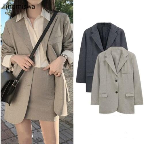 Single Breasted Retro Blazer Women Fashion Turn Down Collar Long Sleeve Office Lady Jacket 2020 Female Outerwear Loose Suit Coat