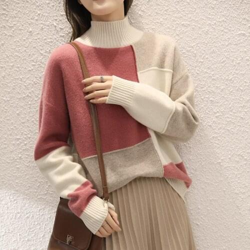 Adishree woman winter 100% Cashmere sweater autumn knitted Pullovers High Quality Warm Female thickening Turtleneck Patchwork