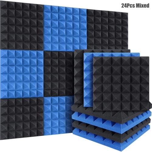 24Pcs/Pack Mixed Acoustic Foam Panels Wall Sound Absorbing Treatment Soundproof Foam Sponge Pad for Studio Drum Room with Tapes