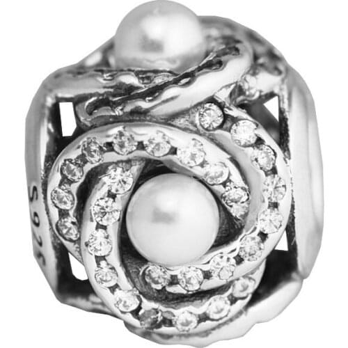 100% 925 Sterling Silver Luminous Love Knot White Crystal Pearl Beads Charms Fits Original Bracelets DIY Jewelry Making Bijoux