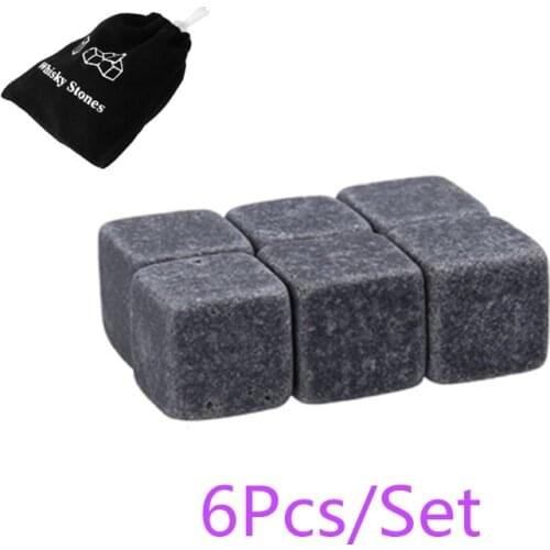6Pcs Whisky Ice Stones Pure Natural Wine Drinks Cooler Cubes Whiskey Rocks Granite Pouch with Pouch Kitchen Bar Tools