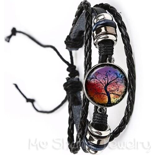 Dusk Tree of Life Bracelet Glass Cabochon Black/Brown Adjustable Leather Bangles For Men Women Children Creative Gift