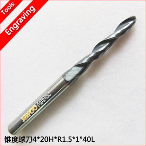 Double Flutes Tapered Ball Nose End Mills for Good Relief, Imported Tungsten Steel Cutting Tools 4*R1.5*20H*1.0degree*40L
