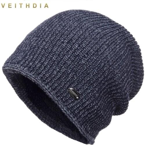VEITHDIA Double Layer Skullies Hats For Men beanies Knitted plus velvet Patchwork Color Cap Winter Mens Hat gorro cap Thick warm