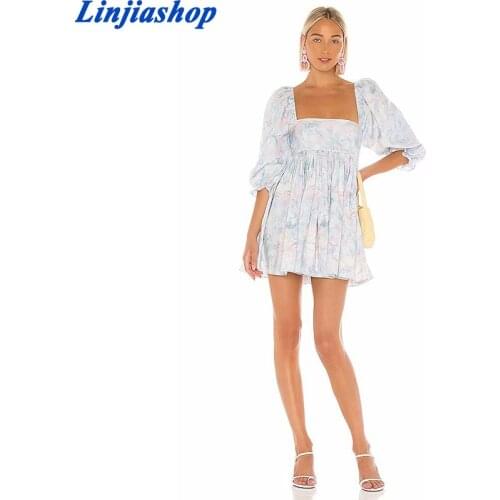 Elegant Women Floral Print Party Dress Sexy Square Neck Puff Sleeve A-line Mini Dress Spring Autumn Short Vestido