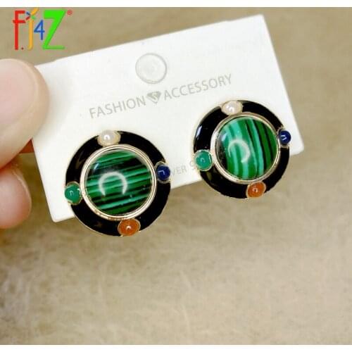 F.J4Z New Trend Stud Earrings for Women Designer Natural Stone Round Statement Earring Lady Evening Party Jewelry Anti-allergy