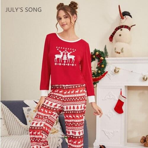 JULYS SONG Christmas Pajamas Set Pieces Casual Elk Print Red Party Winter Sleepwear Women Cute Long-sleeved Trousers Nightwear