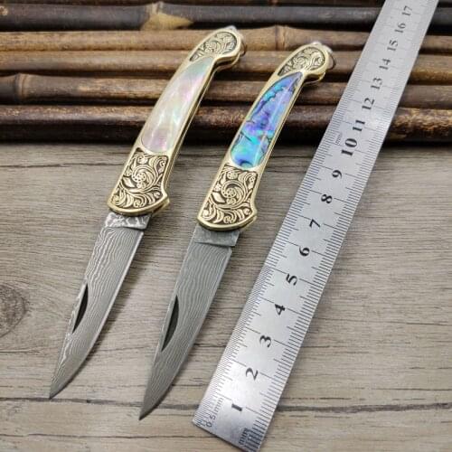 Big Size Handmade Damascus Steel Blade Pocket Folding Knife Yellow Brass +Abalone Shell Handle Utility Knife