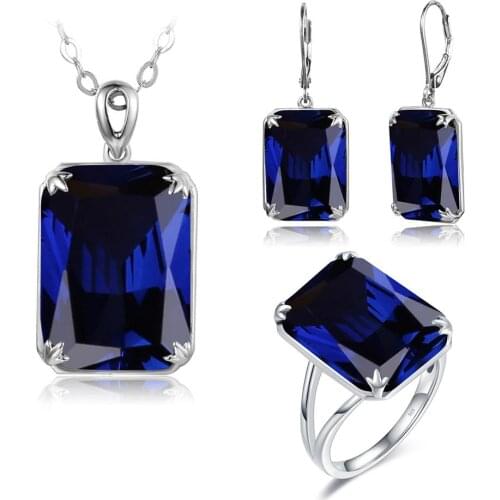 Women Jewellery Set Real Sterling Silver 925 Pendant Earrings Ring Bridal Necklace Set Vintage Blue Sapphire Female Fine Jewelry