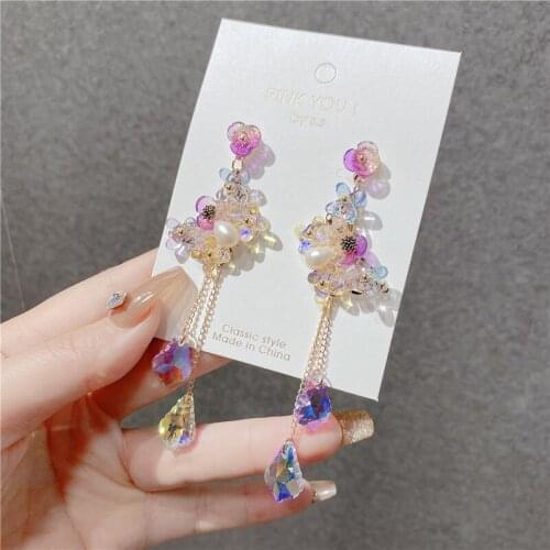Korea 2021 Colourful Crystal Butterfly Earrings for Women Long Chain Tassel Temperament Flowers Drop Pendant Earring