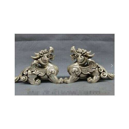 Copper Brass CHINESE crafts decor Asian Wan6710973 + + + 10 " Silver Folk FengShui besta Kylin par