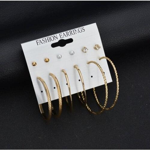 6 pairs of board pearl set large ring personality earrings spot wholesale