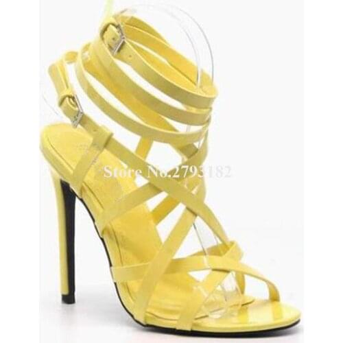 Women New Fashion Pointed Open Toe Patent Leather Stiletto Heel Gladiator Sandals Yellow White Straps Cross High Heel Sandals