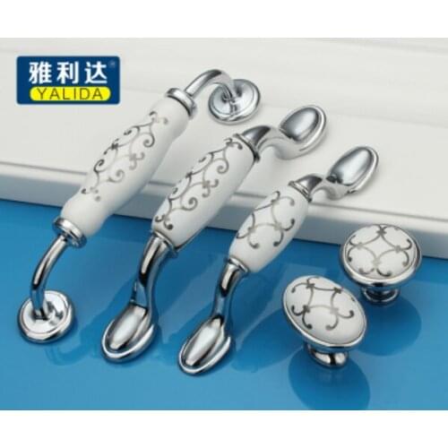 Hole Pitch128mm/160mm Oval shape Silver Flower Printed Ceramic modern simple classic knob Kitchen Cabinet Furniture Handle pulls