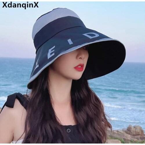 XdanqinX New Summer Womens Panama Bucket Hat Oversized Brim Sunscreen Travel Cap Female Breathable Mesh Beach Hats Multicolor