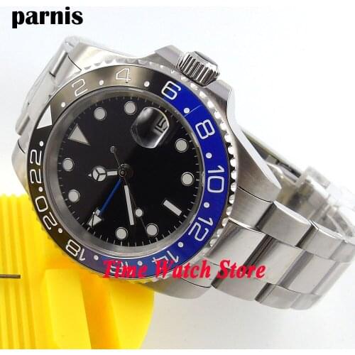 Parnis 40mm Luxury Quality Masculine black dial blue ceramic bezel GMT sapphire waterproof Automatic wrist watch men steel 268