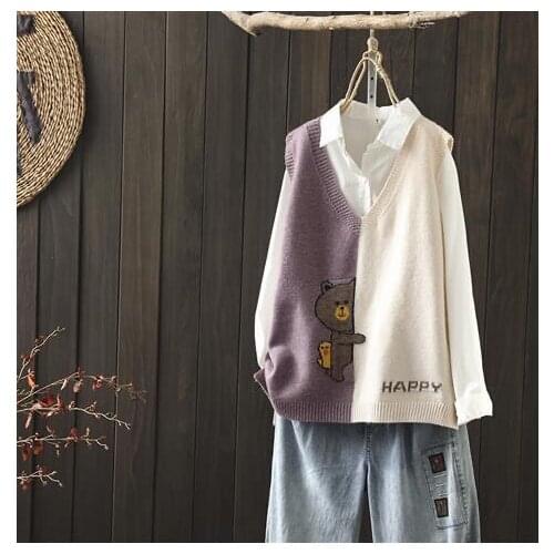 Cartoon Leisure Fashion Knit Autumn Spring V-neck Sleeveless Sweater Vest Loose Outcoat Student Lady Top Cloth for Women girl