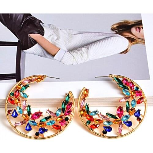 Vintage Round Colorful Crystals Dangle Drop Earrings Metal Hollowed-Out Pendientes Jewelry Accessories For Women Wholesale