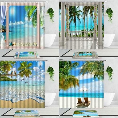 Beach Scenery Shower Curtains Palm Tree Starfish Summer Vacation Style Nordic Home Decor Curtain Bathroom Set Bath Mats Carpet