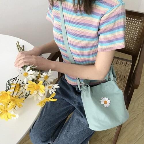 Womens Mini Canvas Shoulder Bag Daisy Small Cotton Handbag Totes Ladies Casual Vintage Purse Cloth Bucket Pouch For Girls