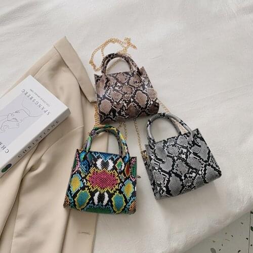Fashion Women Small Size Handbag Tote Crossbody Bag Ladies Casual Snake Pattern PU Leather Chain Graffiti Shoulder Messenger Bag