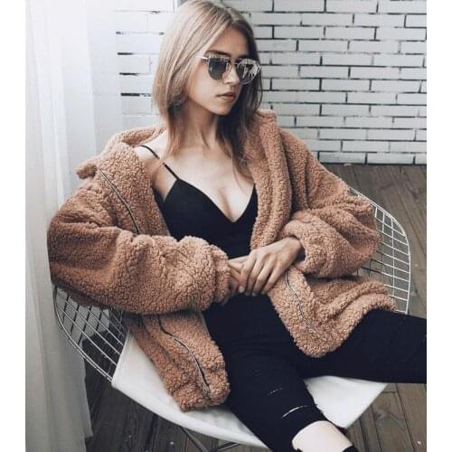 Female Zipper Big Pocket Winter Fur Coat Jacket Warm Plush Oversize Coats Elegant Fashion New Women Autumn Outwear