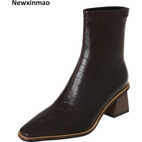 2021 Genuine Leather Square Toe High Heels Women Ankle Boots Fashion Concise Office Lady Stretch Boots Shoes Woman Autumn Winter