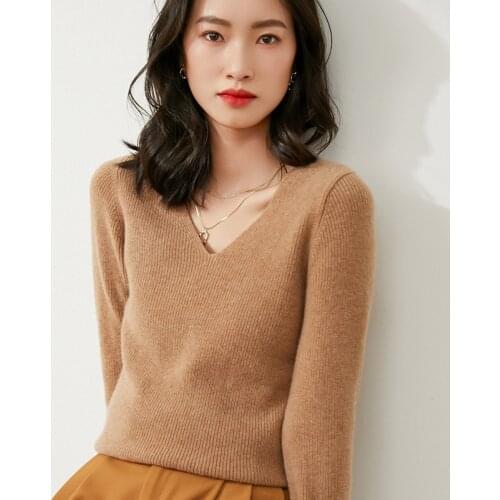 Autumn Winter New V-Neck Sweater Womens Pullover Concise Loose Basic Pure Color Wild Knitted Bottoming Shirt Soft Comfortable