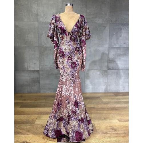 2021 Arabic Mermaid Prom Dresses Luxury Beading Flower Lace Appliqued V Neck Women Plus Size Formal Evening Gowns