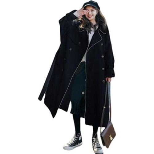 New Autumn Winter Womens Woolen Coats Loose Large Size Female Outerwear Long Coats Double Breasted Lady Clothes Belt Streetwear