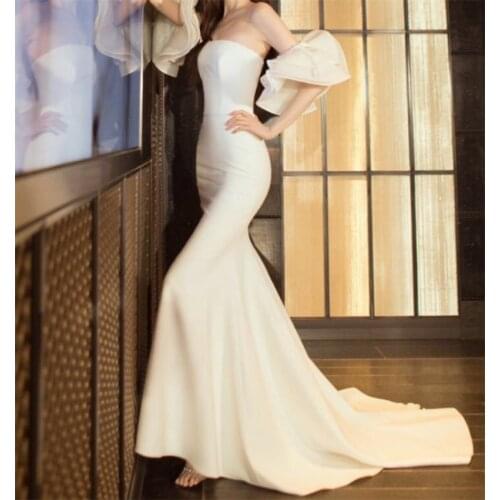 Strapless French Style Sweep Train Wedding Dress Elegant Soft Satin Sheath Backless Bridal Gowns vestidos de mairee Wedding